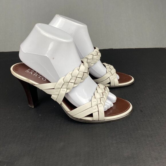Franco Sarto White Ivory Leather High Heel Slip On Sandals Braided Upper 8.5 M - Picture 2 of 14